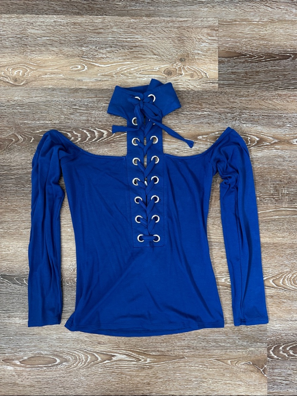 Royal Blue Lace-Up Off-Shoulder Long Sleeve Halter Top